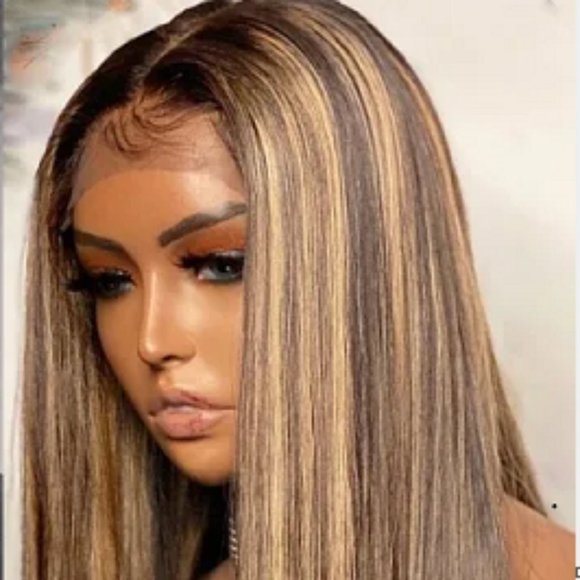 Straight Honey Blond Highlight Lace Front Virgin Human Hair Wigs - Picture 2 of 7